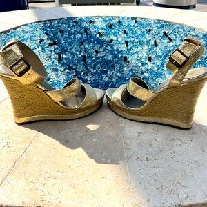 Michael Antonio Gold Strappy wedges with raffia heel